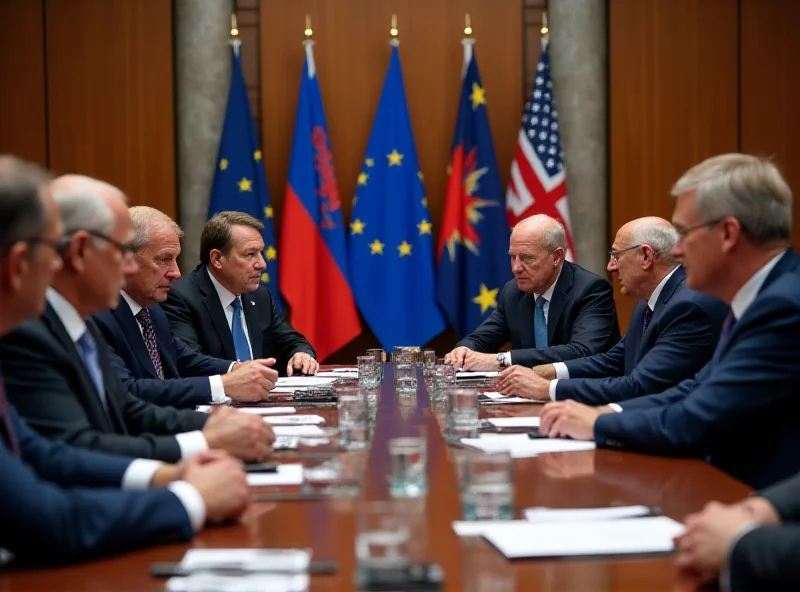 A meeting of European leaders around a table, deep in discussion, with flags of European countries visible in the background.