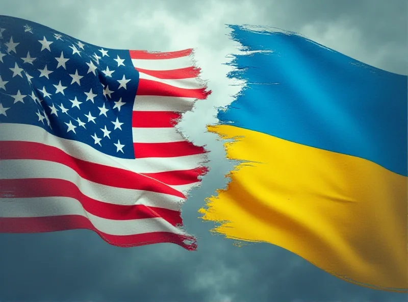 Illustration of the US and Ukrainian flags intertwined, slightly tattered, against a stormy sky background.