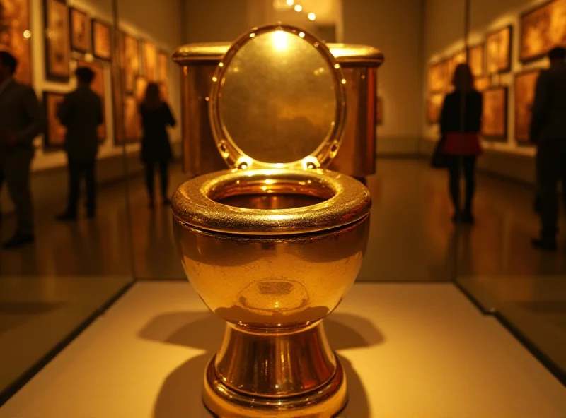 A golden toilet on display in an art museum