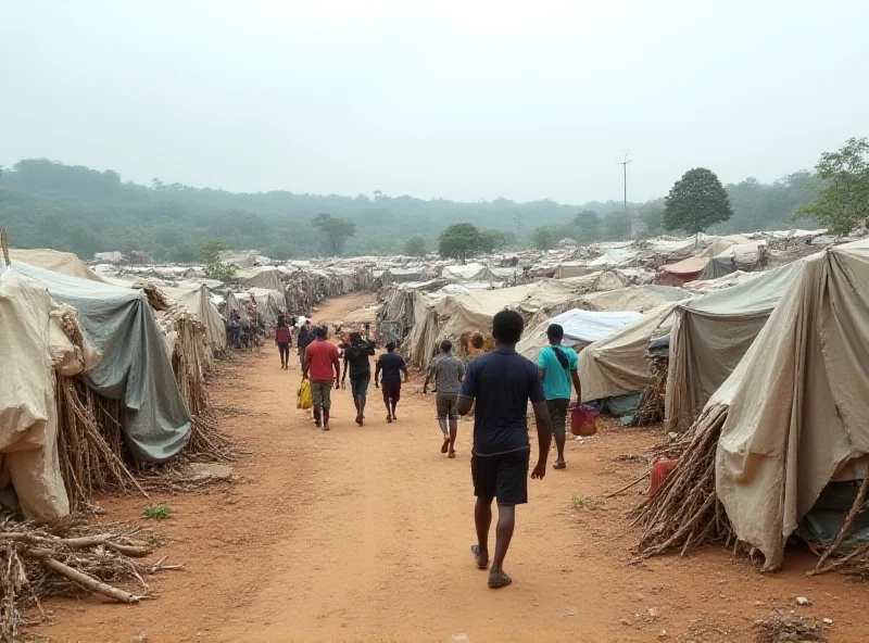 A crowded refugee camp in Goma, DRC, with tents and makeshift shelters stretching into the distance. People are seen moving about, carrying belongings.
