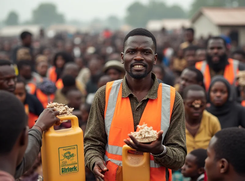 A group of aid workers distributing food and water to refugees in a camp near Goma, DRC. The scene is chaotic, with people reaching out for assistance.