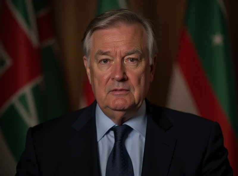 Image of Múte Bourup Egede, Prime Minister of Greenland, speaking at a press conference with the Greenlandic flag in the background.