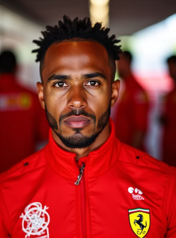 A close-up shot of Lewis Hamilton in his Ferrari racing suit, looking determined and focused.