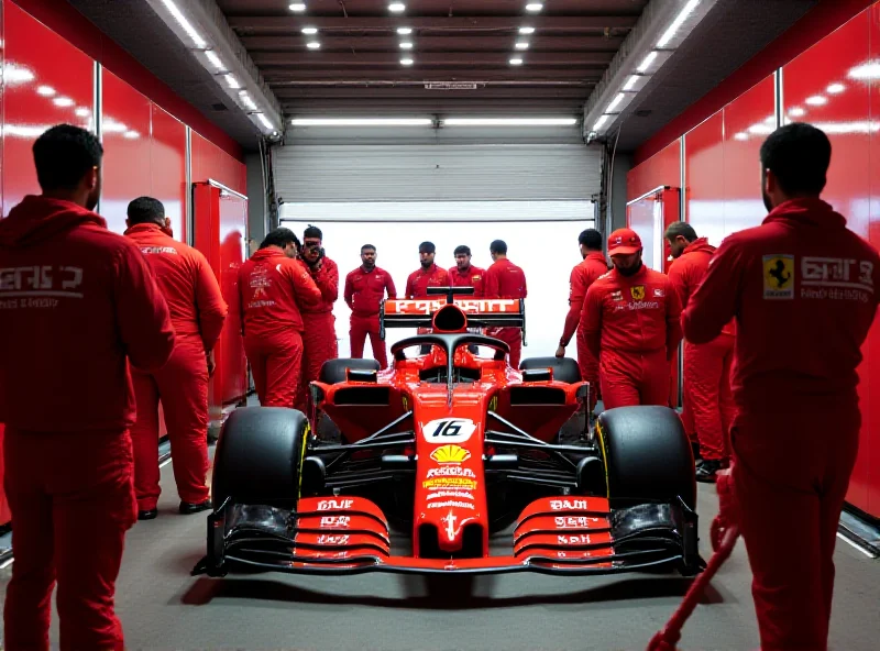 Wide shot of the Ferrari garage during pre-season testing, showing mechanics working on the car and team members discussing strategies.