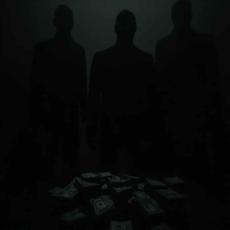 Conceptual image representing corruption, with obscured faces and money.