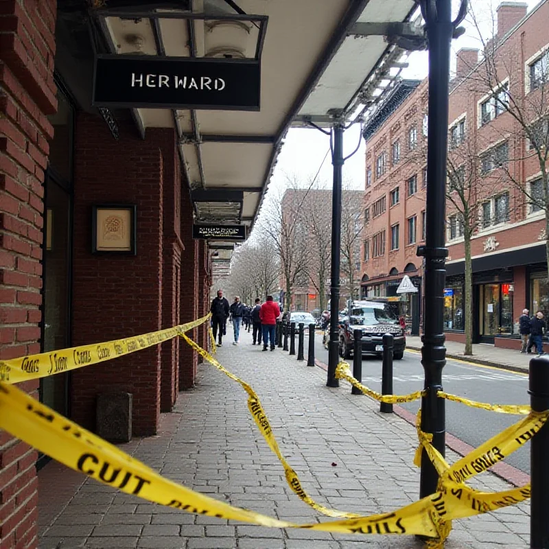 Exterior shot of the Harvard MBTA station in Cambridge with caution tape around the entrance