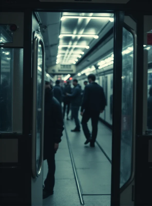 A blurred CCTV image showing a tram with its doors open, symbolizing the accident.