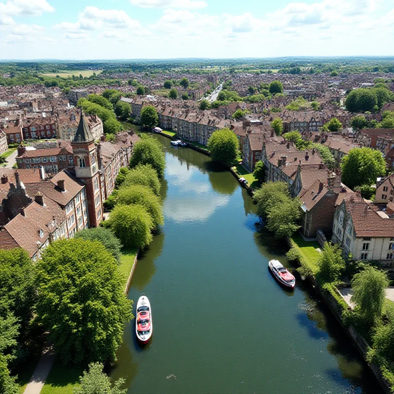 Aerial view of Cambridge, England, with the River Cam flowing through it.