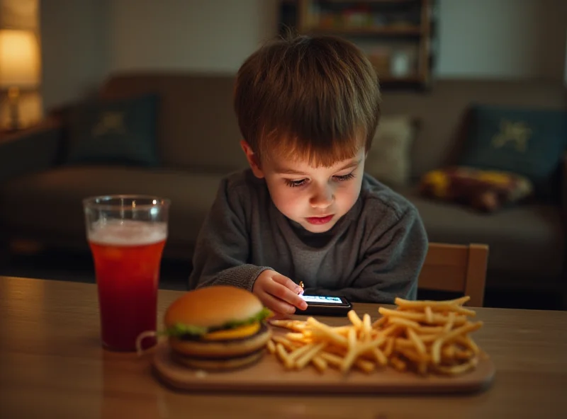 Overweight child looking at a mobile phone with fast food on the table.
