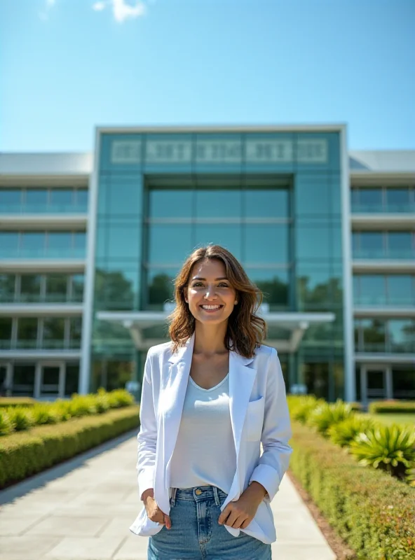 A smiling woman standing in front of a modern hospital building in Colombia.
