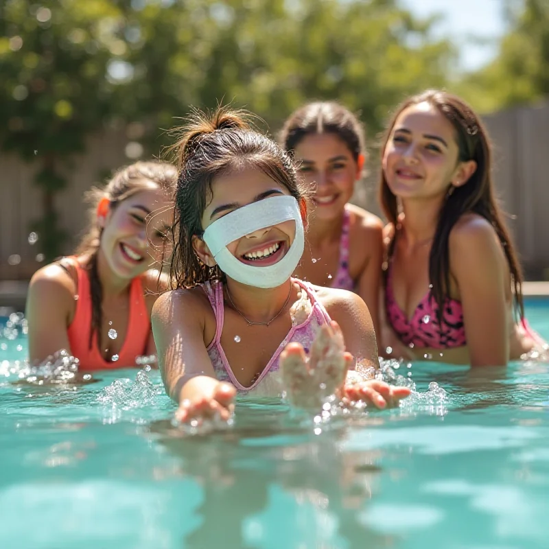 Mazyouna, a 13-year-old girl with a bandage on her face, smiling and laughing with other girls by a swimming pool in Houston, Texas. Arabic pop music plays in the background.