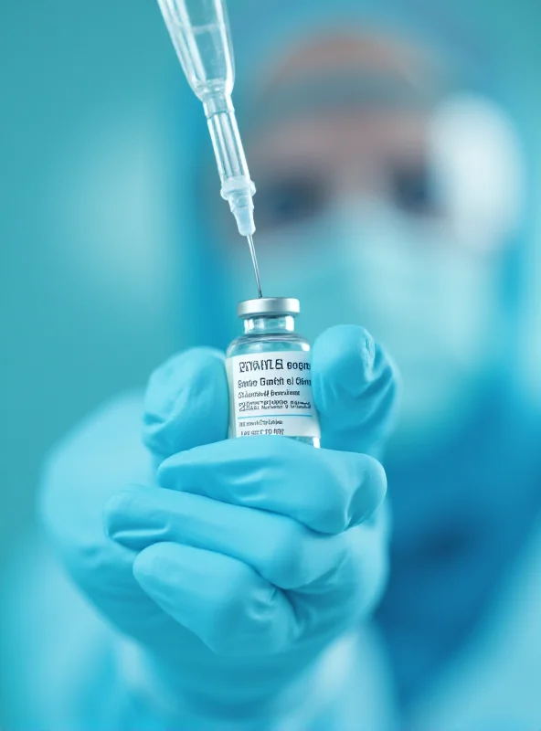 A close-up photo of a vial of vaccine with a needle drawing out a dose.