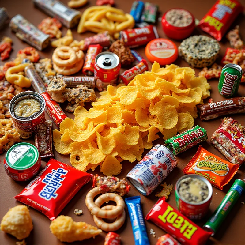 A variety of ultraprocessed foods including chips, candy and soda