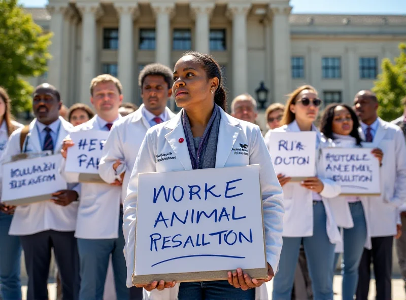 Veterinarians protesting with signs outside a government building.