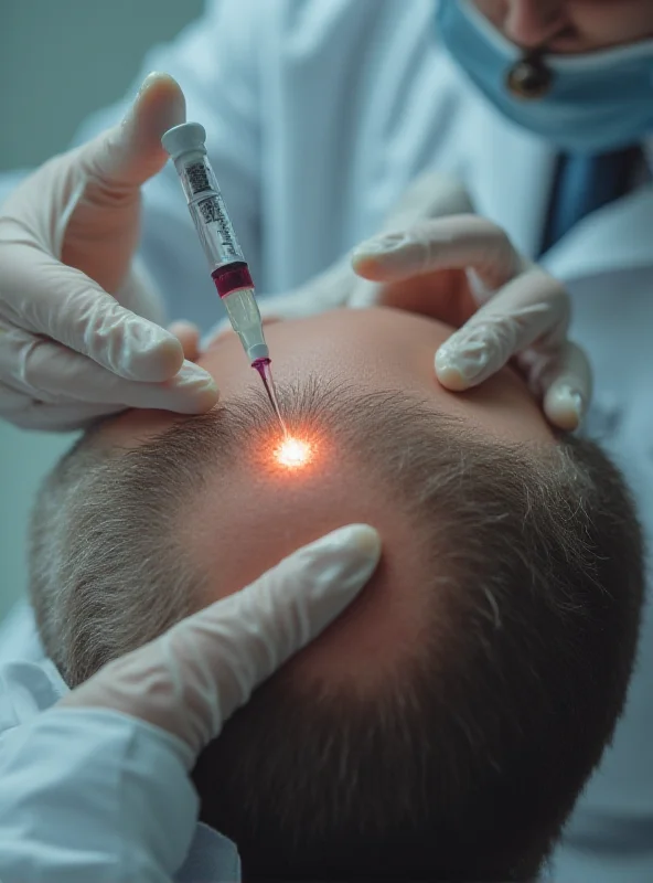 Close-up of a doctor performing platelet-rich plasma therapy on a patient's scalp to treat hair loss.