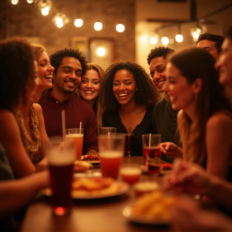 A group of friends laughing and enjoying themselves at a lively party in a warmly lit room.