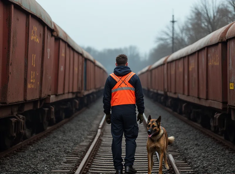 Latvian border control officer inspecting freight wagons with a dog