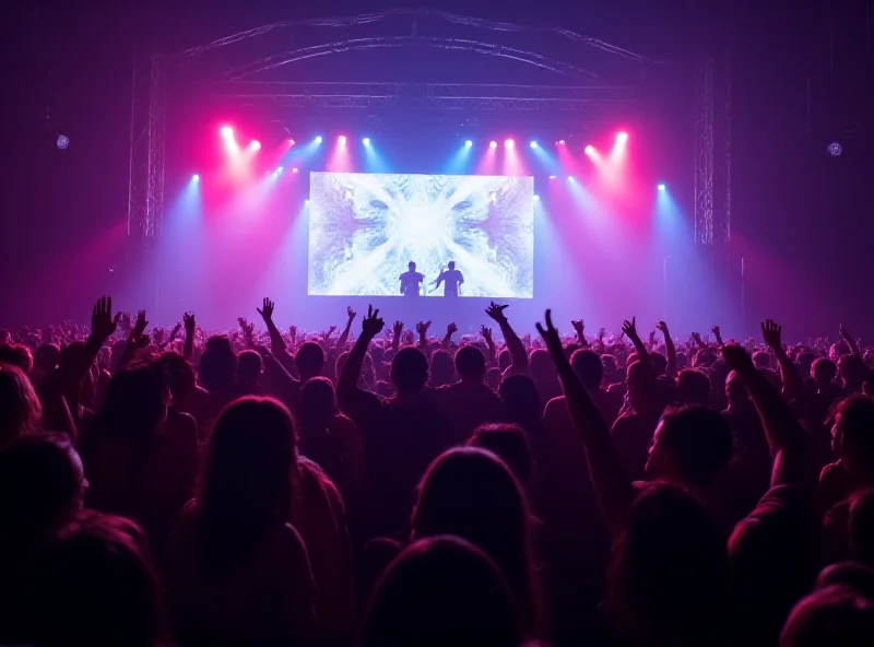 A vibrant music festival scene at night with colorful lights and people dancing.