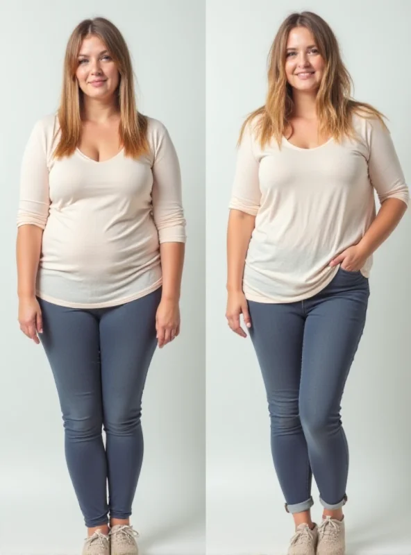 A split screen showing a person before and after a significant weight loss transformation.