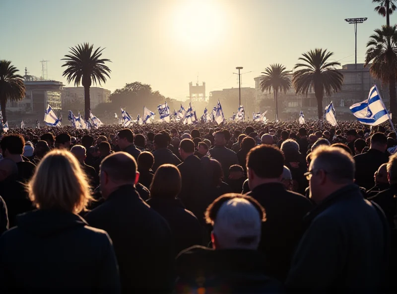 Mourners gathering at a funeral procession in Israel, paying their respects to Shiri Bibas and her children, with Israeli flags visible.