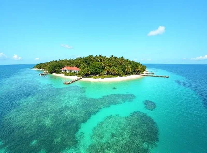 A panoramic view of a low-lying tropical island nation, with houses built close to the coastline and the ocean visible in the background, illustrating the vulnerability to rising sea levels.