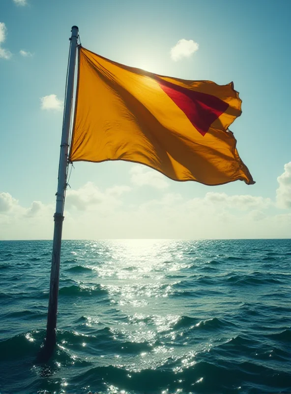 A depiction of the Nauruan flag waving in the wind against a backdrop of a rising ocean level, symbolizing the country's struggle against climate change.