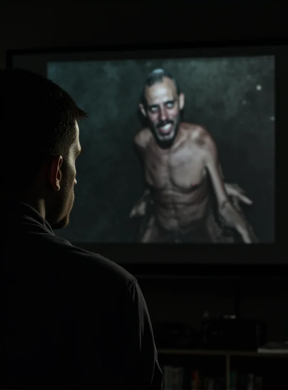 A split screen showing a concerned brother watching a video of his emaciated brother pleading for release. The brother's face reflects a mixture of hope and deep worry.