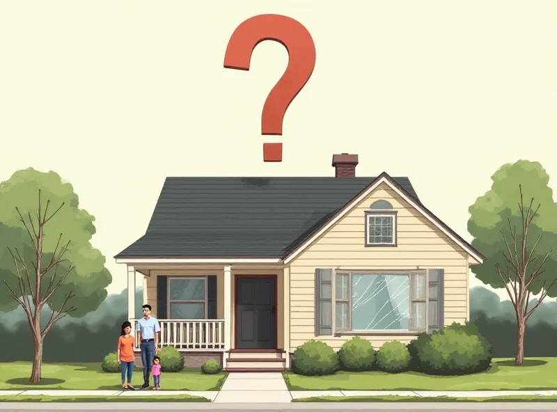 Illustration of a family standing in front of a house with a question mark hovering above them, symbolizing the uncertainty of homeownership.
