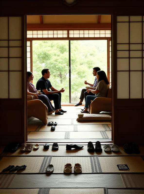 People sitting on a floor without shoes, showcasing a custom in East Asia.