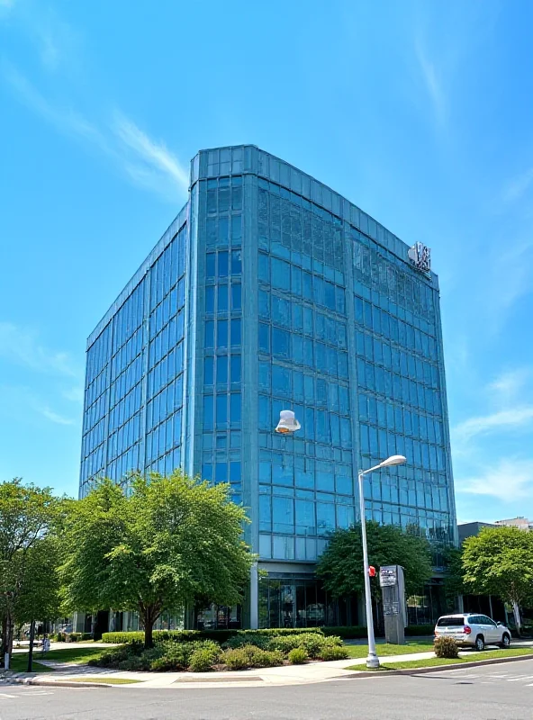 A modern office building with glass facade representing a financial institution.