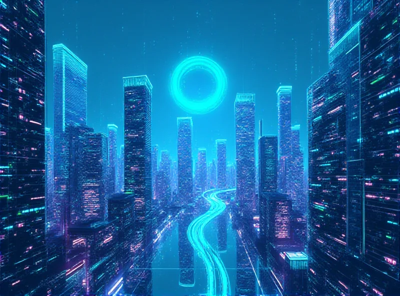 A futuristic cityscape with glowing circuits and code flowing through the buildings representing AI technology.