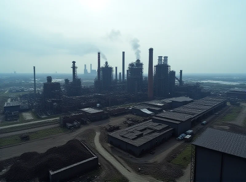 Aerial view of a modern steel plant with smoke stacks and piles of raw materials.