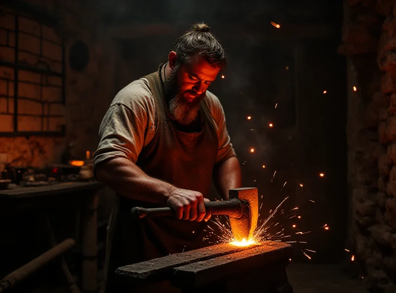 A blacksmith working with iron tools in an ancient workshop.