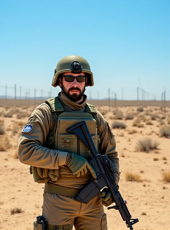 A serious-looking Israeli soldier stands guard near the border fence between Israel and Gaza. The background is dusty and barren, symbolizing the ongoing conflict and tension in the area.