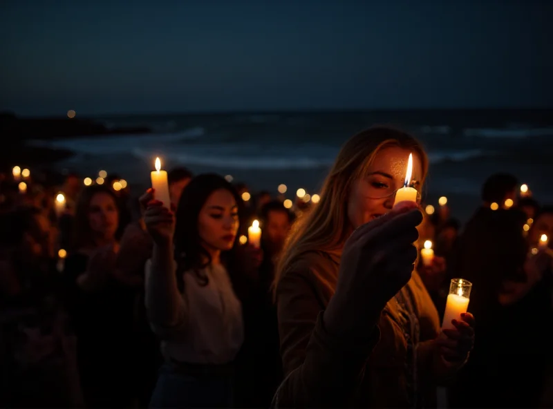 Mourners holding candles on a beach at night during a vigil