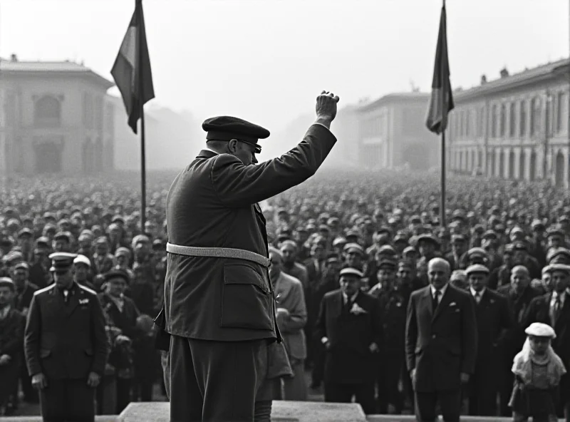 Black and white photo of Benito Mussolini addressing a crowd in Salo.