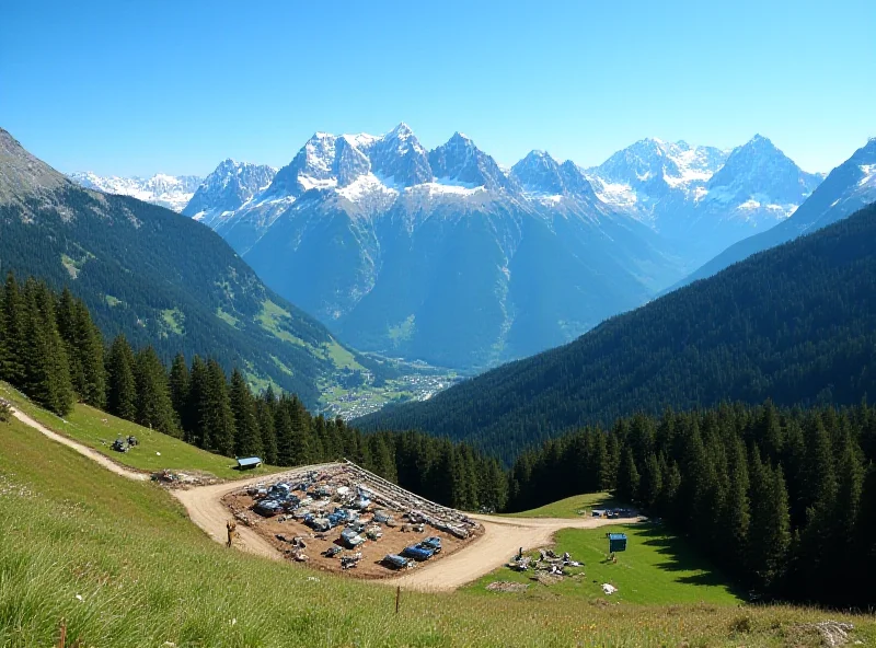 A panoramic view of a mountain range in Italy, with snow-capped peaks and lush green valleys. In the foreground, a partially constructed chairlift is visible, with construction equipment nearby.