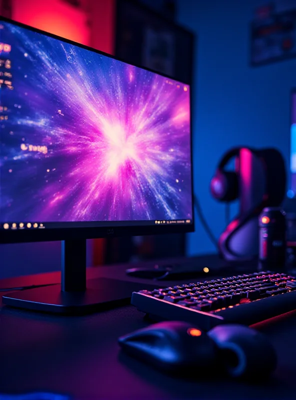 Close-up of a Samsung OLED gaming monitor displaying vibrant colors and a high refresh rate, surrounded by gaming peripherals and equipment in a dimly lit room.