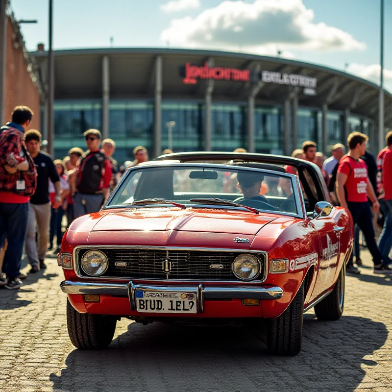 A vintage football car with team colors parked outside a stadium.