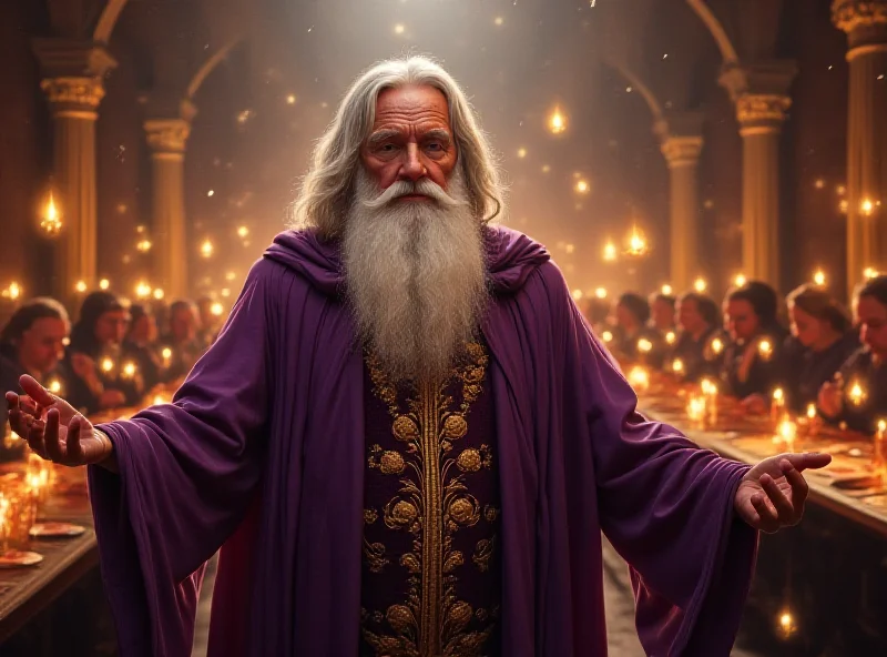 Illustration of John Lithgow as Dumbledore, standing in Hogwarts.