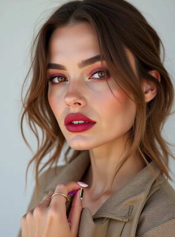 A model wearing a full face of Louis Vuitton makeup, including bold eyeshadow and lipstick.