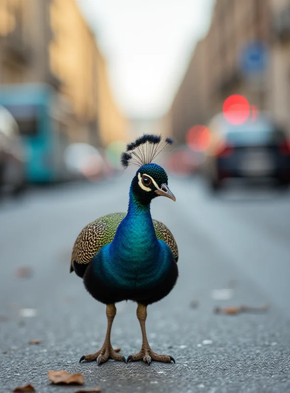 A baby peacock standing on a busy street in Madrid, looking confused and slightly scared.