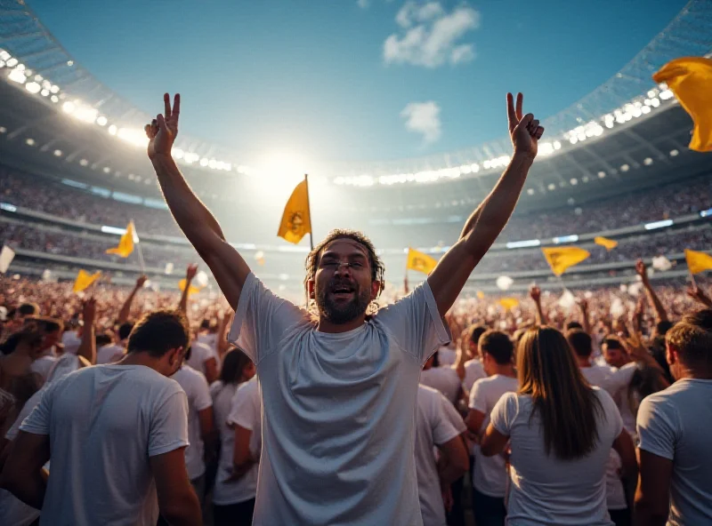 A crowd of Real Madrid fans cheering and waving flags at the Santiago Bernabéu stadium.