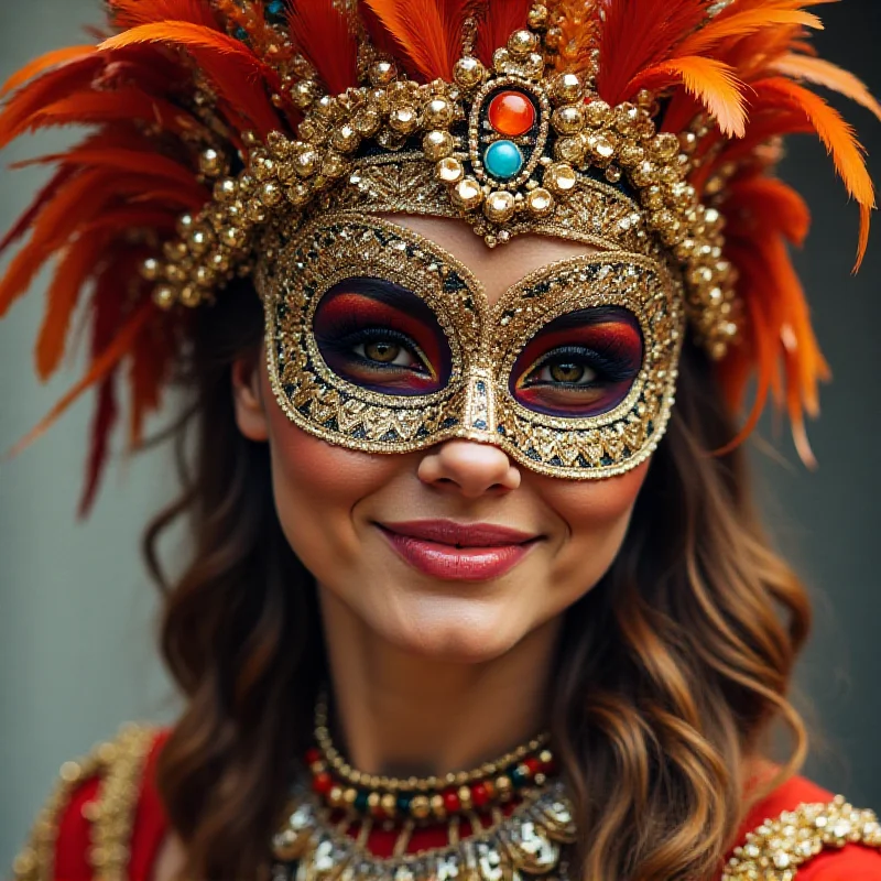 Close-up shot of a person wearing a traditional carnival mask and costume, smiling at the camera.