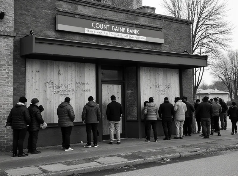 Image depicting a closed bank with a line of people outside