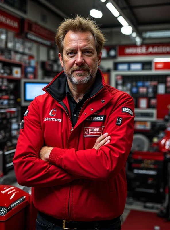 Gigi Dall'Igna, the engineer behind Ducati's success, standing in the Ducati garage, surrounded by mechanics, serious expression, high-tech environment