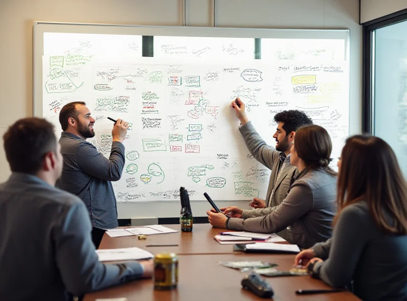 A diverse group brainstorming product marketing ideas on a whiteboard