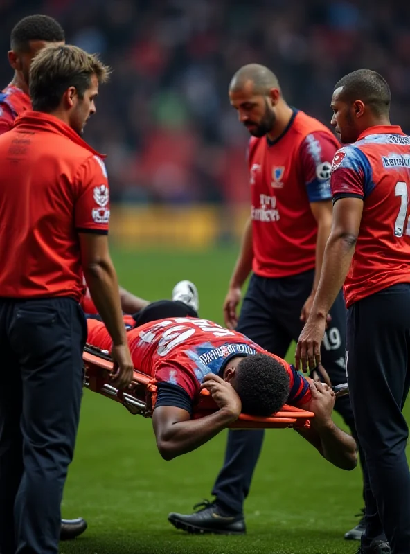 Crystal Palace striker Jean-Philippe Mateta being stretchered off the field after the challenge, with medical personnel attending to him. His teammates look concerned.
