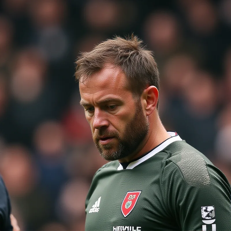 A close-up of Liam Roberts receiving a red card from the referee after the challenge on Jean-Philippe Mateta. Roberts looks dejected.