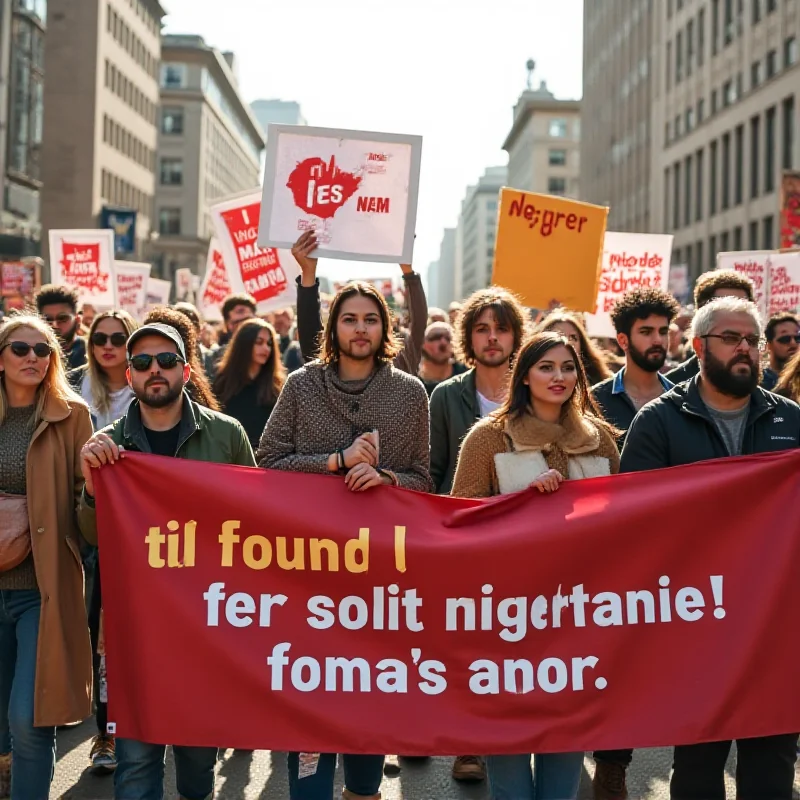 A diverse group of people marching in a protest, holding signs and banners, representing the 15-M movement.